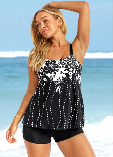 Modlily Floral Print Wide Strap Black Tankini Set - M