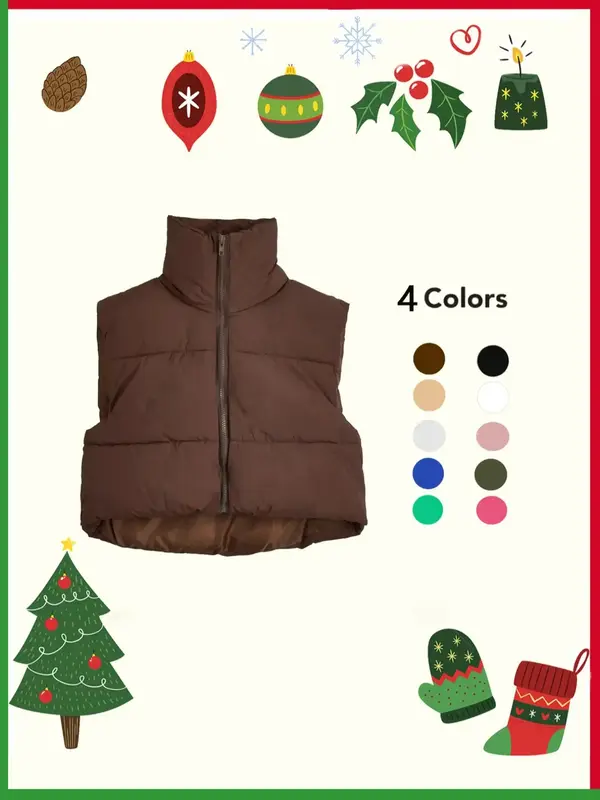 Women's Solid High Neck Puffer Vest, Casual Cozy Thermal Lined Zip Up Outerwear for Fall & Winter, Women's Tops, Ladies Mult...