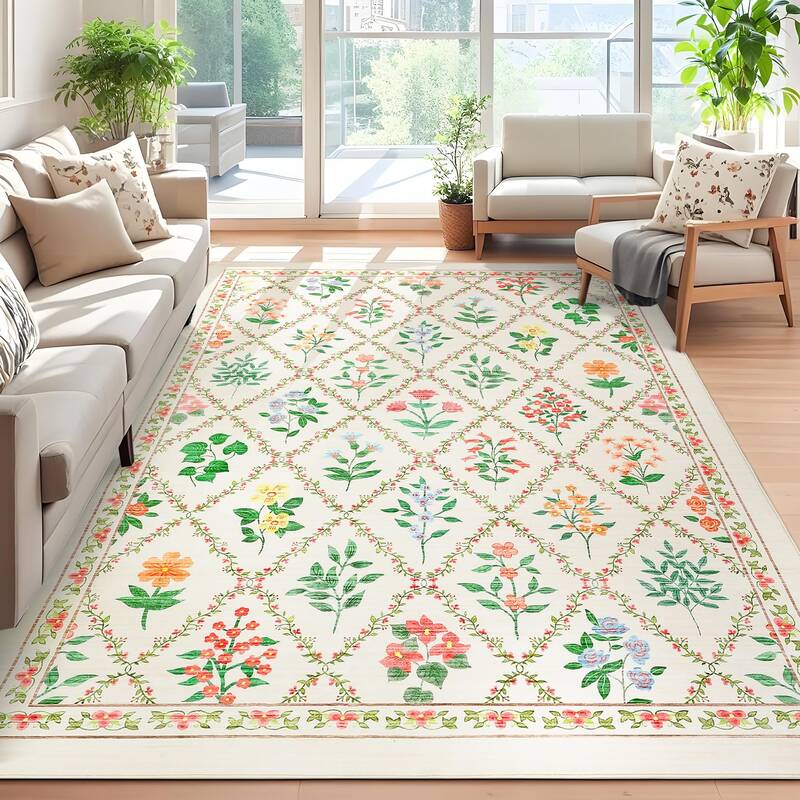 Garvee Modern Area Rug 5x7 - Floral Diamond Pattern, Machine Washable, 100% Polyester, Non-Slip, Stain-Resistant, Beige, Livi...