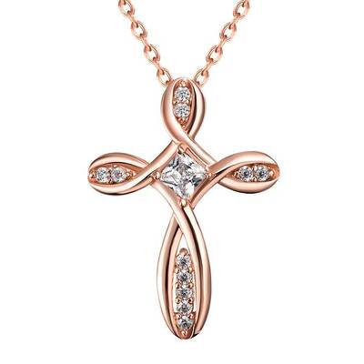 Real Rose Gold Plated Brass Cubic Zirconia Cross Pendant Necklaces