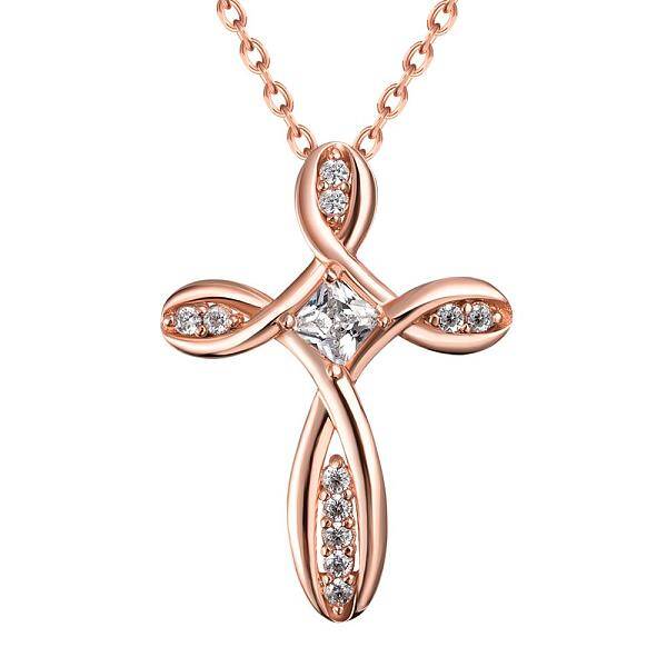 Real Rose Gold Plated Brass Cubic Zirconia Cross Pendant Necklaces