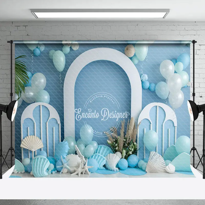 Blue White Balloon Summer Beach Cake Smash Backdrop