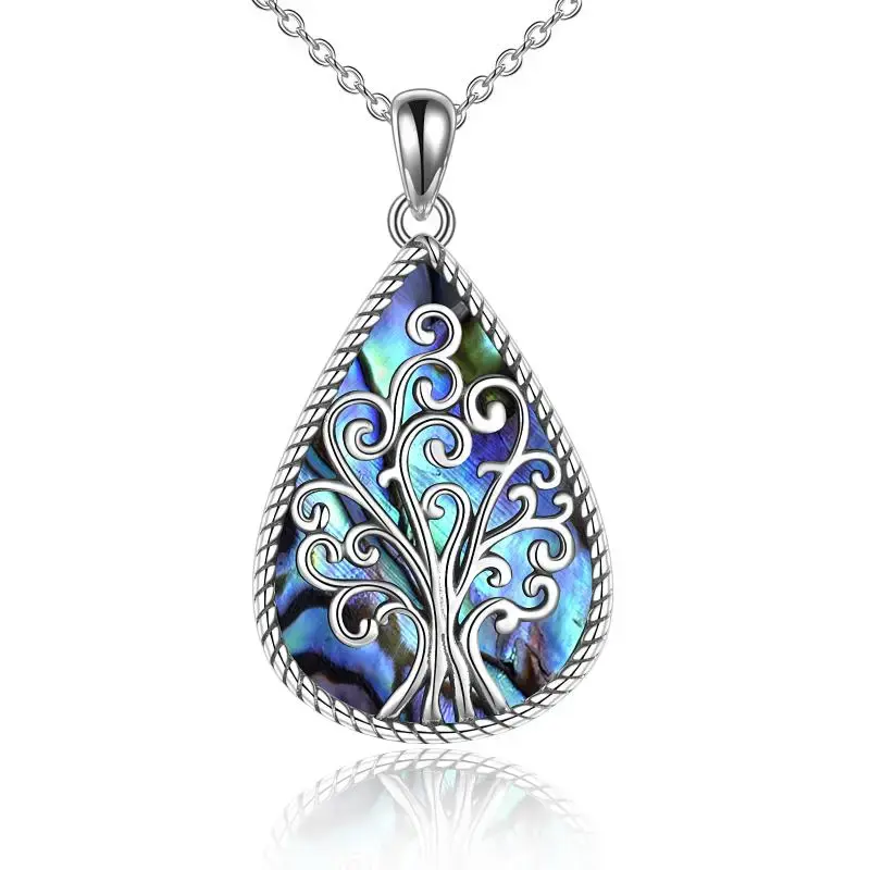 Sterling Silver Abalone Shellfish Tree Of Life & Drop Shape Pendant Necklace
