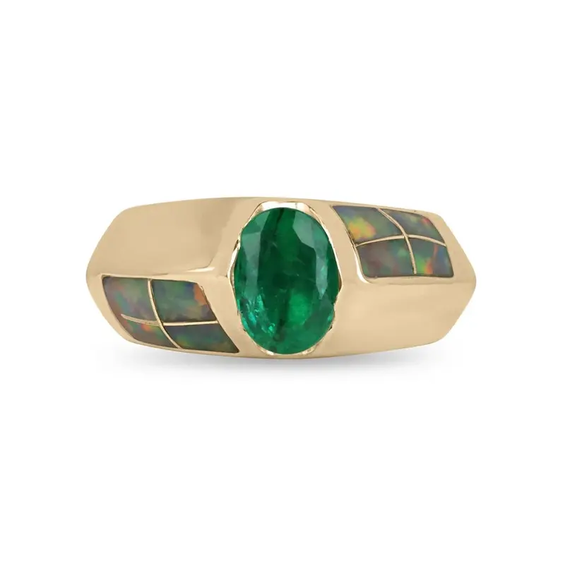 10K Gold Green 2 to 7 CT Oval Emerald & Opal Accent Statement Custom Ring for Men