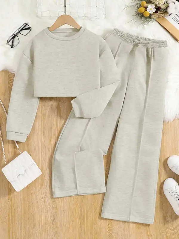 Girl's Round Neck Crop Sweatshirt & Elastic Waist Pants Set, Solid Long Sleeve Top & Wide Leg Trousers, 2 Piece Set for Girls...