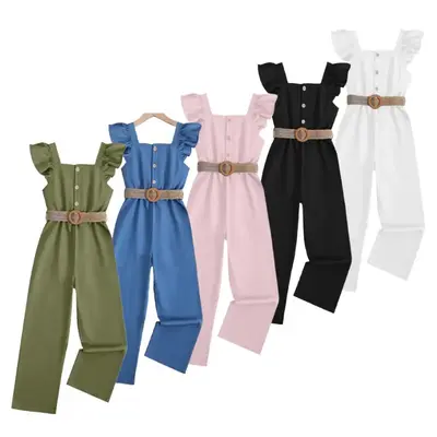 Kid Girl Summer Ruffle Sleeveless Romper Solid Color Button Imitation Denim Design Casual Jumpsuit Sizes 7-14,Ready Stock 424...