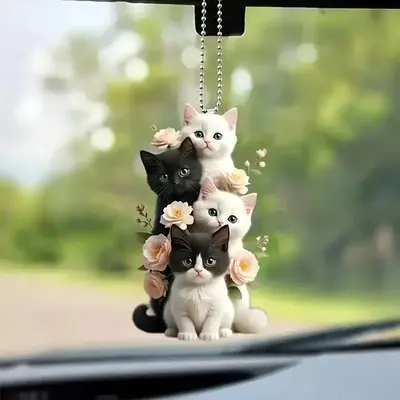 Cute Cat & Flower Pattern Car Rearview Mirror Hanging Ornament, 2D Decorative Pendant for Car Rearview Mirror, Bag & Keychain...
