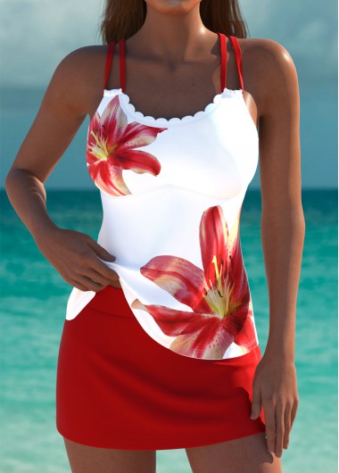 Modlily Plus Size Mid Waisted Red Floral Print Tankini Set - 1X