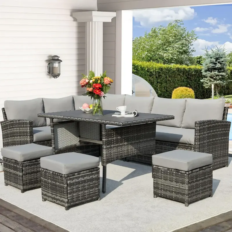 AECOJOY Patio Furniture 7 Pieces Outdoor Durable Sectional Sofa Set with Cushions, Rattan Weather-Resistant Design Corner Lov...