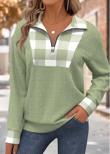 Modlily Sage Green Tummy Coverage Plaid Long Sleeve Sweatshirt - L