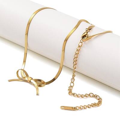Ion Plating(IP) 304 Stainless Steel Bowknot Pendant Snake Chain Necklaces for Women