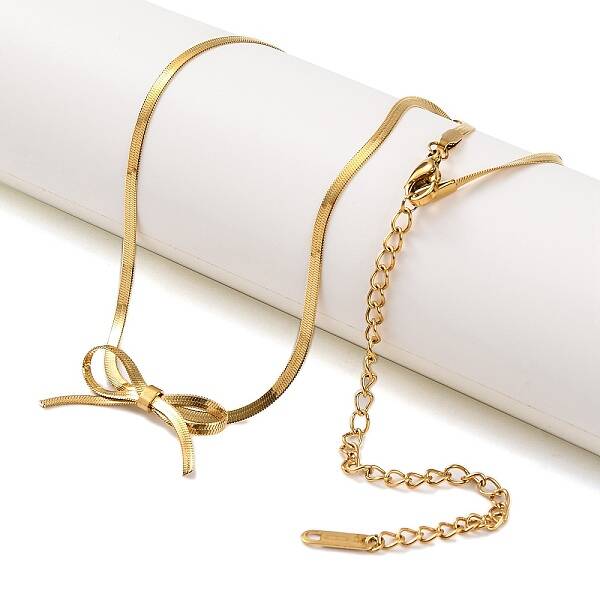 Ion Plating(IP) 304 Stainless Steel Bowknot Pendant Snake Chain Necklaces for Women