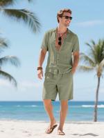 Men's Solid Color Linen Shortsleeve Shirt & Shorts Set, Regular Fit Casual Short Sleeve Button Down Top & Shorts, Men's Summe...