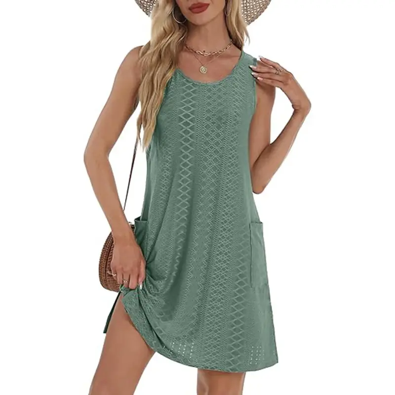 Coverup Summer Dresses for Women 2025 Eyelet Casual Loose Sleeveless Sundresses Tank Dresses with Pockets