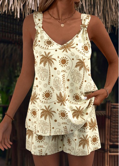 Modlily Light Camel Tropical Plants Tank Top and Shorts - L