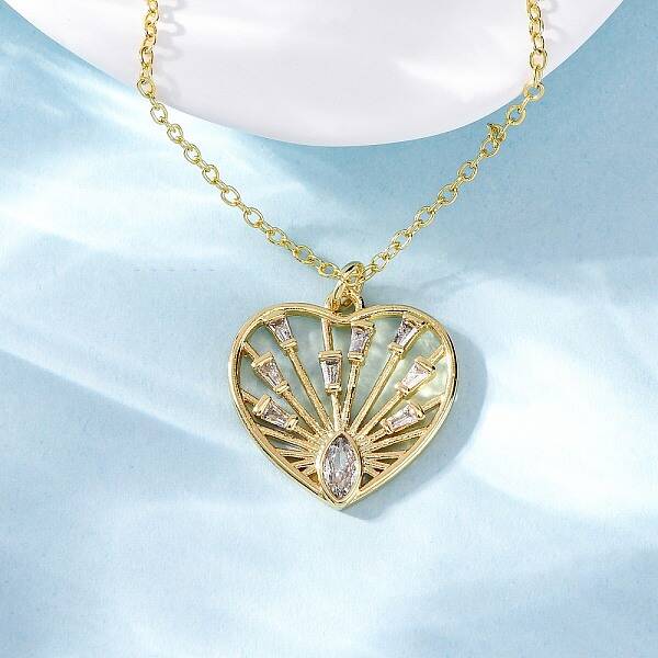 Brass Clear Cubic Zirconia Heart Pendant Necklaces for Women