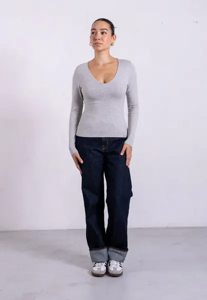 Organic Cotton V-Neck Long Sleeve T-Shirt, Light Grey Marl | Size: XS