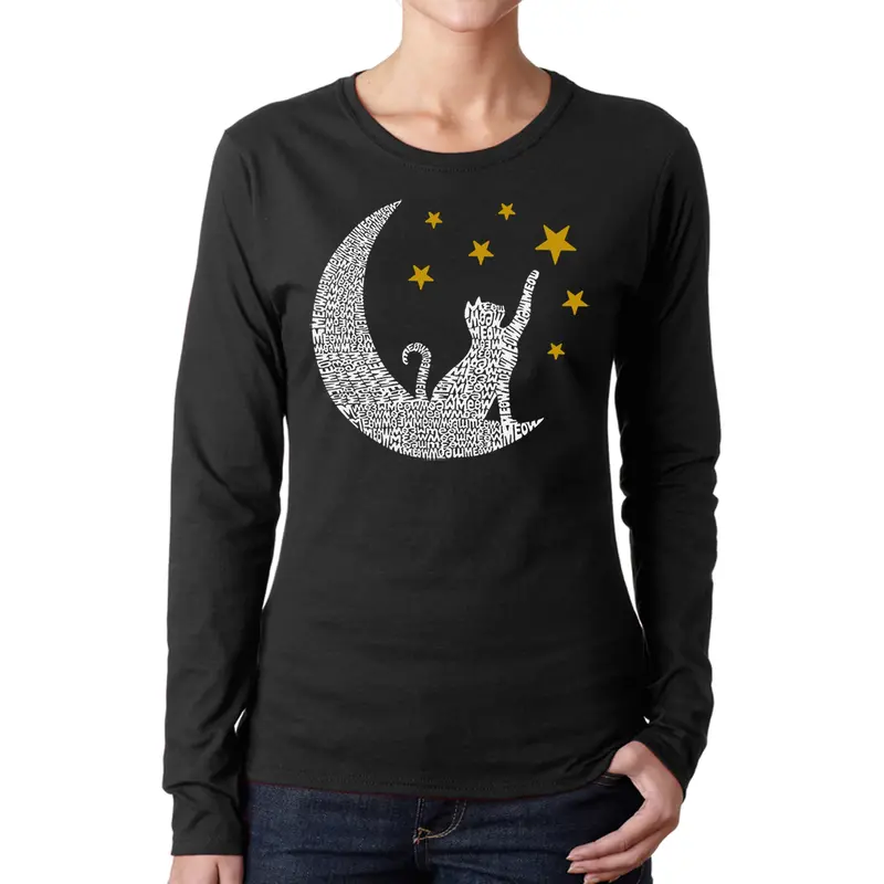 Cat Moon - Women's Word Art Long Sleeve T-Shirt - Pink - XXX-Large