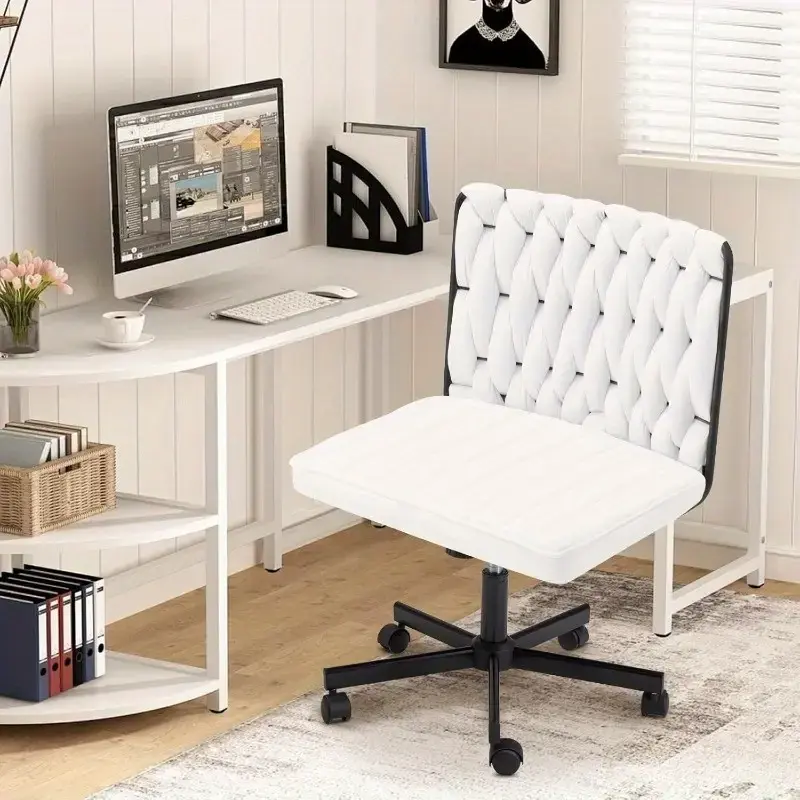 Criss Cross Desk Chair with Wheels, Extra Wide Armless Chair with Flannel Cushion, Adjustable Height & 135° Recline, Cross-L...