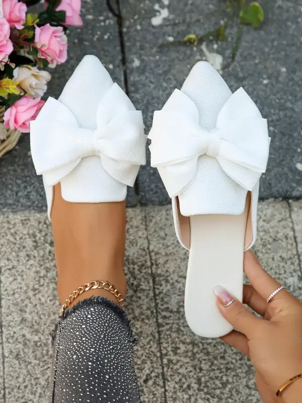 Summer Elegant Plain Bowknot Design Slip on Flats, Pu Soft Comfortable Flat Shoes for Beach Holiday Vacation, Pointed Toe Wal...