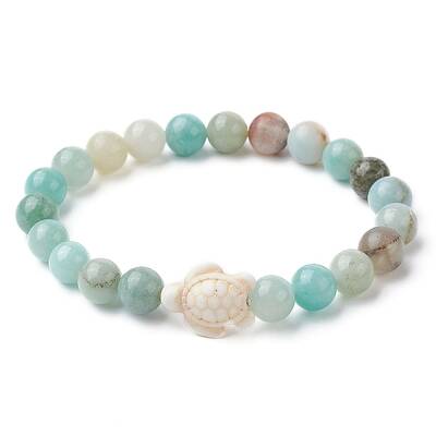 Natural Flower Amazonite Round & Synthetic Turquoise Turtle Beaded Stretch Bracelet for Women