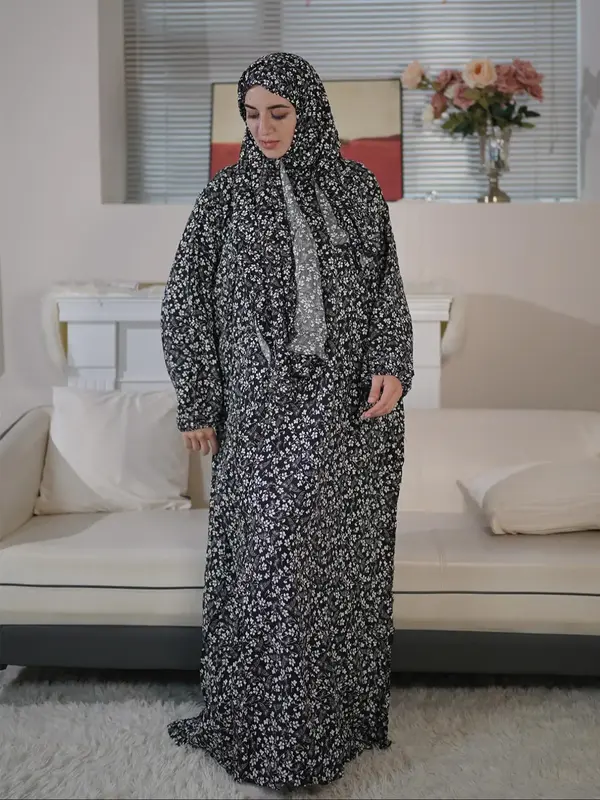 Women's Ditsy Floral Print Long Sleeve Hooded Abaya, Modest Fashion Muslim Maxi Hooded Abaya for Daily Wear, Ladies Islamic ...
