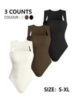 Women's Solid Ribbed Square Neck Shapewear Bodysuit, High Stretch Seamless Shaper, Tummy Control Butt Lifter, Ladies Shapewea...