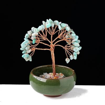 Natural Amazonite Chips Tree of Life Decorations with Bowl Base