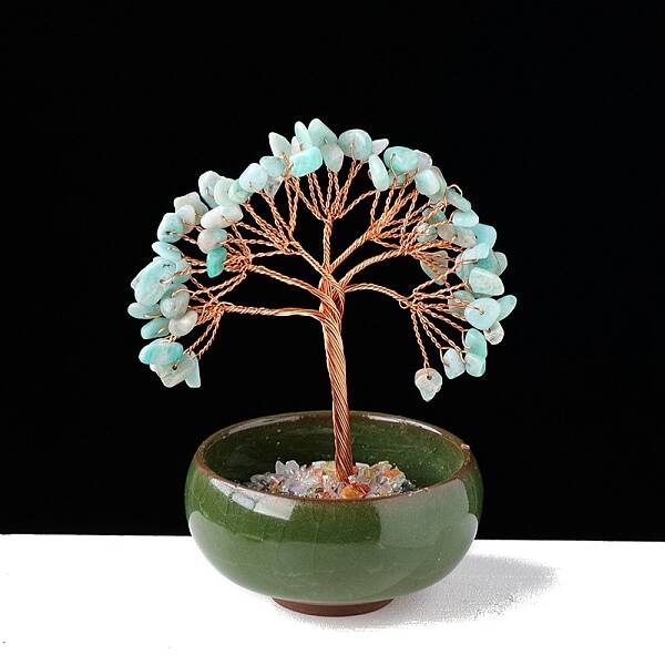 Natural Amazonite Chips Tree of Life Decorations with Bowl Base
