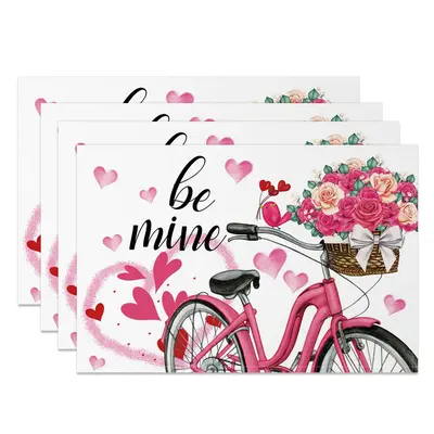 Aperturee Pink Bike Floral Romantic Be Mine Set Of 4 Placemats, 14x12 Inch, 15.8 USD, NYLX00557-S, placemats