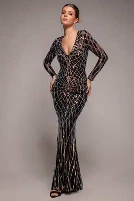 Goddiva Geo Sequin Long Sleeve Maxi Dress - Black