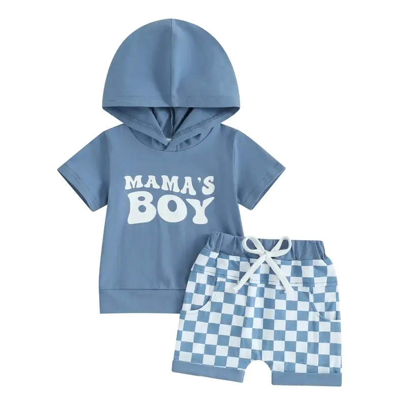 Toddler Baby Boy Summer Clothes Mamas Boy Short Sleeve Hoodie Checkerboard Plaid Shorts Set Infant Boy Mothers Day Outfit