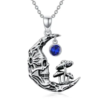 Sterling Silver Round Zircon Mushroom & Skeleton Pendant Necklace