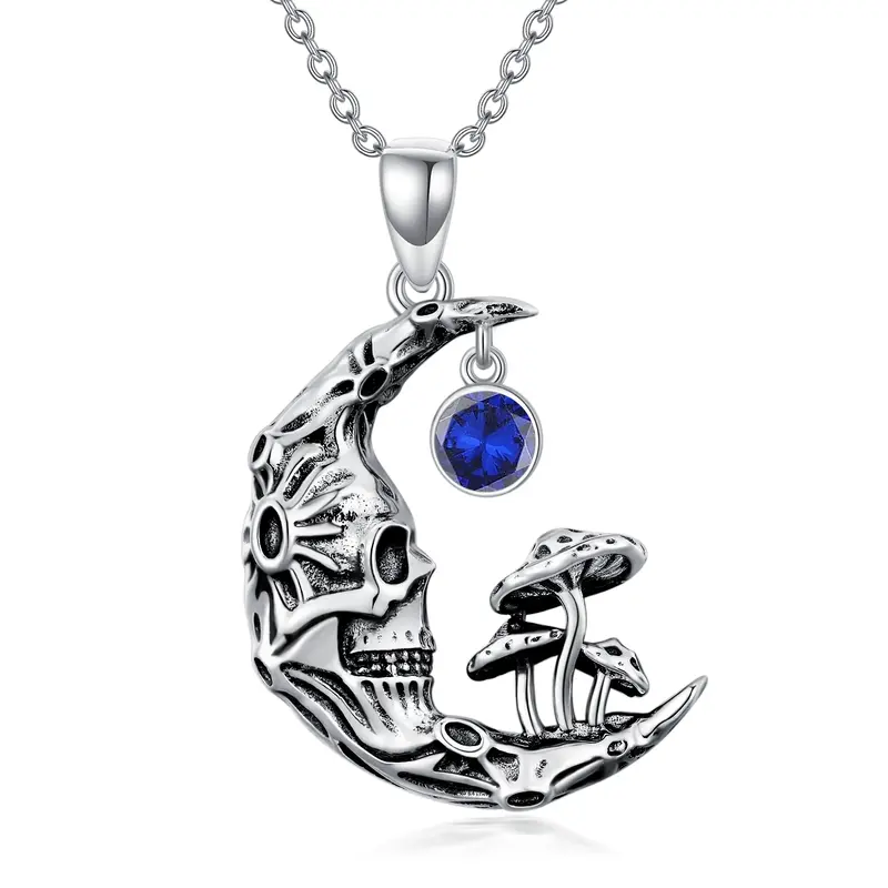Sterling Silver Round Zircon Mushroom & Skeleton Pendant Necklace