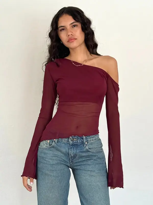Women's Plain Asymmetrical Neck Flounce Sleeve Tee, Casual Long Sleeve T-shirt for Spring & Fall, Women's Clothing for Daily ...