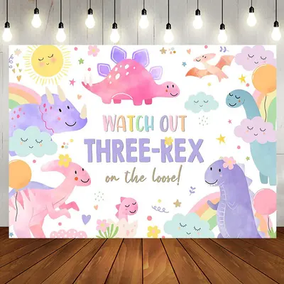 Cartoon Dinosaur Rainbow Sky 3rd Birthday Backdrop - Aperturee