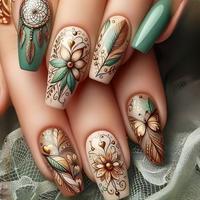 Flower & Feather Pattern Fake Nails with Nail File & Tape, 24pcs Removable Nail Art Artificial Full Cover, Women Girls Diy Ma...