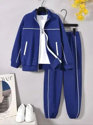Two-piece Set Boy's Contrast Binding Zip Up Coat & Sweatpants Set, Casual Long Sleeve Top & Jogger Pants for Fall & Winter, K...