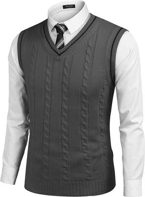 V Neck Sleeveless Knitted Pullover Vest Sweater (US Only), Dark Grey / XXL