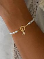 2024 Summer Women's Letter Initial Detail Faux Pearl Decor Bracelet Back To School, Stainless Steel Ot Buckle Matching Jewelr...