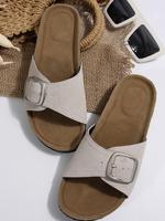Women's Minimalist Solid Color Double Buckle Design Slide Sandals, Casual Comfortable Flat Sandals for Beach, Fashionable Sho...