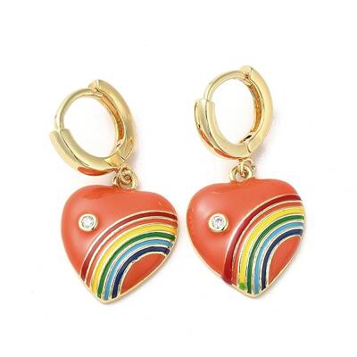 Heart with Rainbow Real 18K Gold Plated Brass Dangle Hoop Earrings