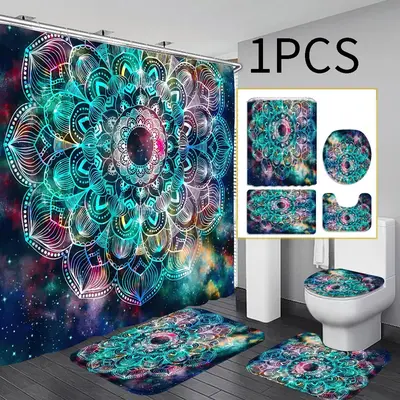 Mandala Pattern Bathroom Curtain & Toilet Mats Set, Bathroom Decorative Curtain With Hooks, Bathroom Accessories