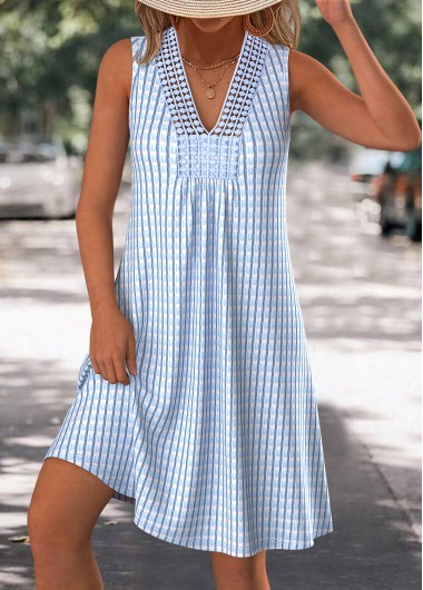 Modlily Light Blue Short A Line Sleeveless V Neck Dress - S