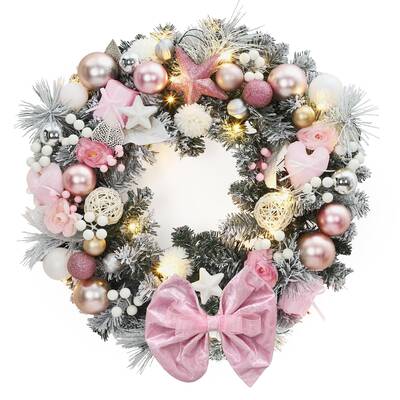 Garvee 24 Inch Christmas Wreath with Pink Bow, LED Lights, Frosted PVC Pine Needles, Durable, Easy-to-Hang, Holiday Decor for...