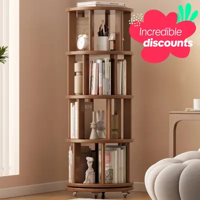 【School】100% Solid Wood - No MDF, Rotating Bookshelf on Wheels, Spinning Bookshelf Tower 360° Display Unique Round Bookc...