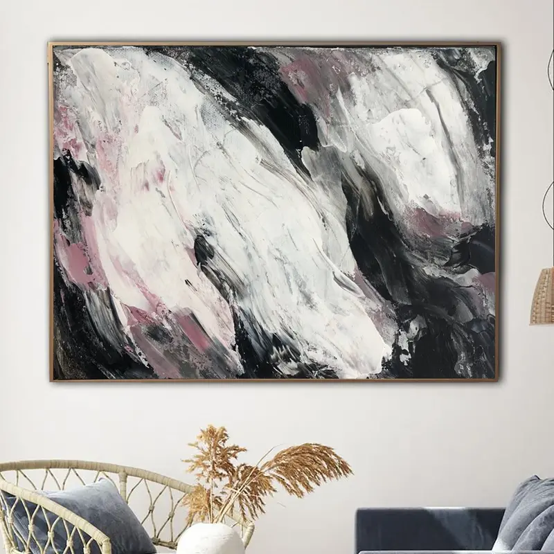 Black and White Wall Art Abstract Shapes Artwork Marble Painting Canvas Abstract Expressionism Art Pink Splash Canvas Texture...