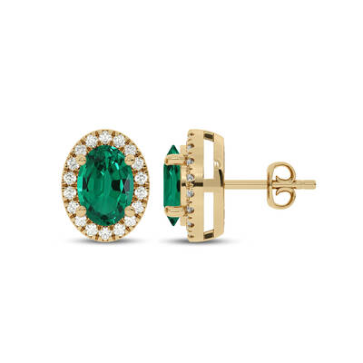 Statement Lab Grown Diamond Whisper Halo Earrings | 14K Yellow Gold 1/4 ct. tw. Diamond & 6.5X4.5mm Oval Emerald