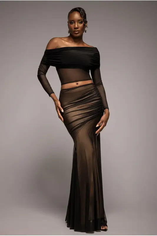 Goddiva Mesh Gathered Mermaid Maxi Skirt - Black