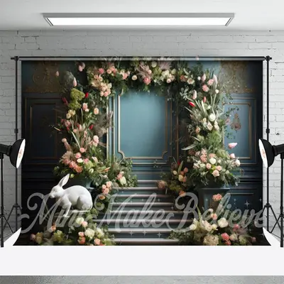 Green Plant Flowers Rabbit Sculpture Easter Backdrop - Aperturee
